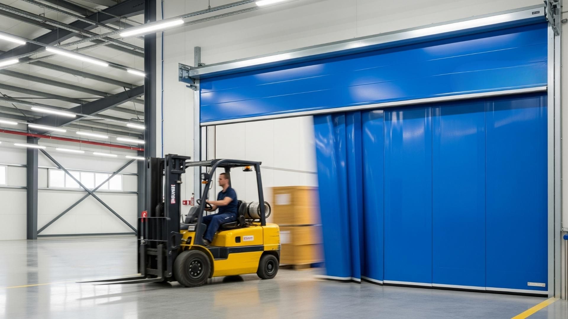 Fabrika içinde Hızlı PVC Kapıdan geçen bir forklift