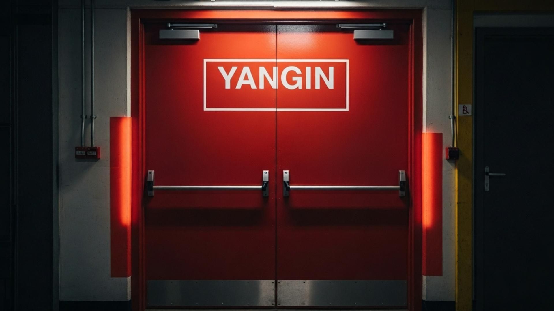 Üzerinde Yangın yazan iki kapılı yangın kapısı