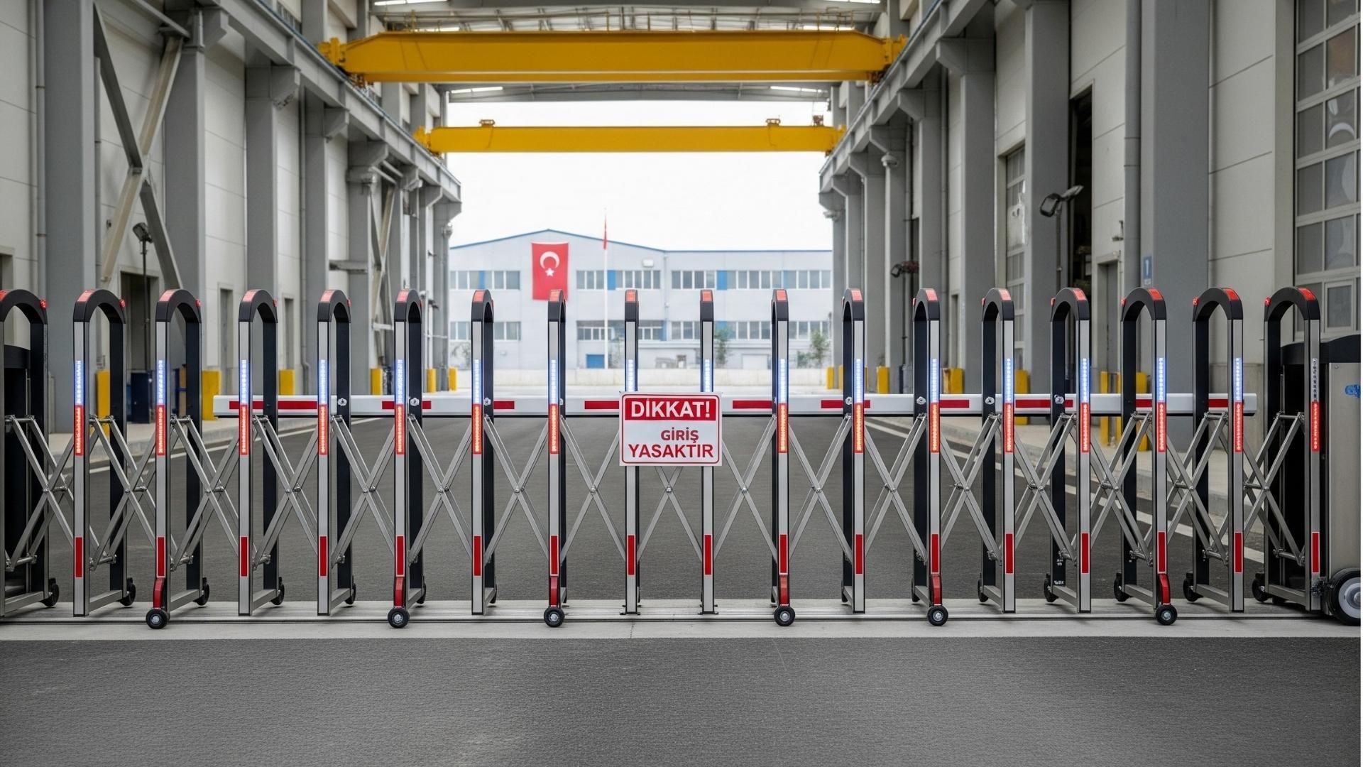 Bir Alanın girişini kapatan Akordiyon bariyer sistemi