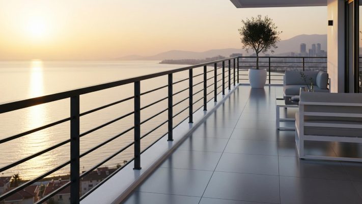 Güzel deniz manzarası ve Gün batımında Alüminyum Korkulukları olan bir Balkon